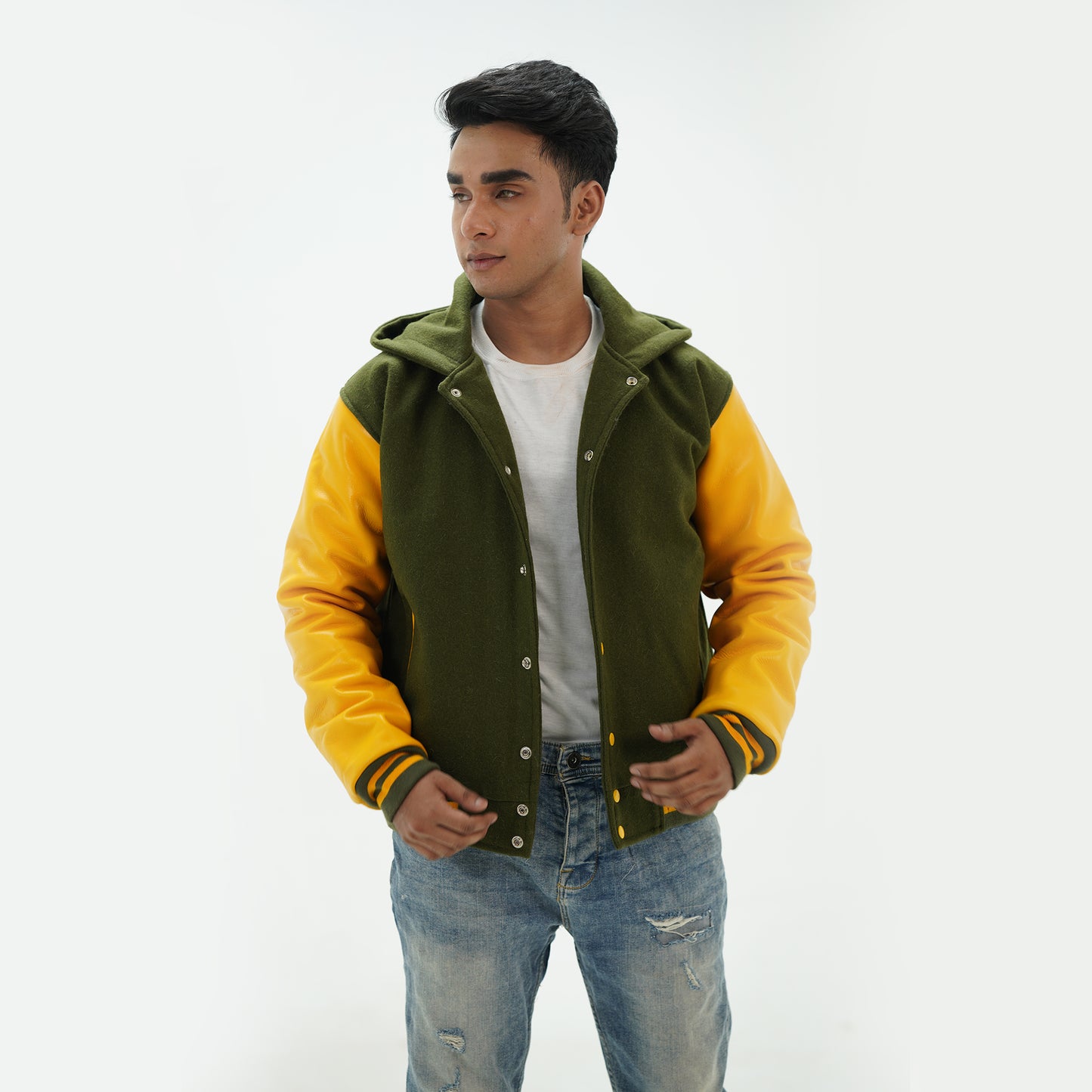 Green And Yellow Hooded Coach Jackets Leather Arms And Wool Body