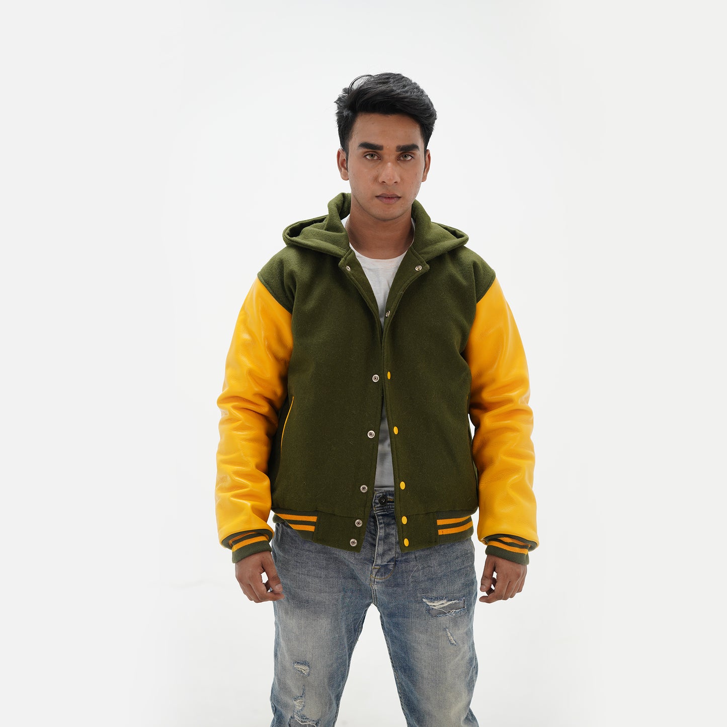 Green And Yellow Hooded Coach Jackets Leather Arms And Wool Body