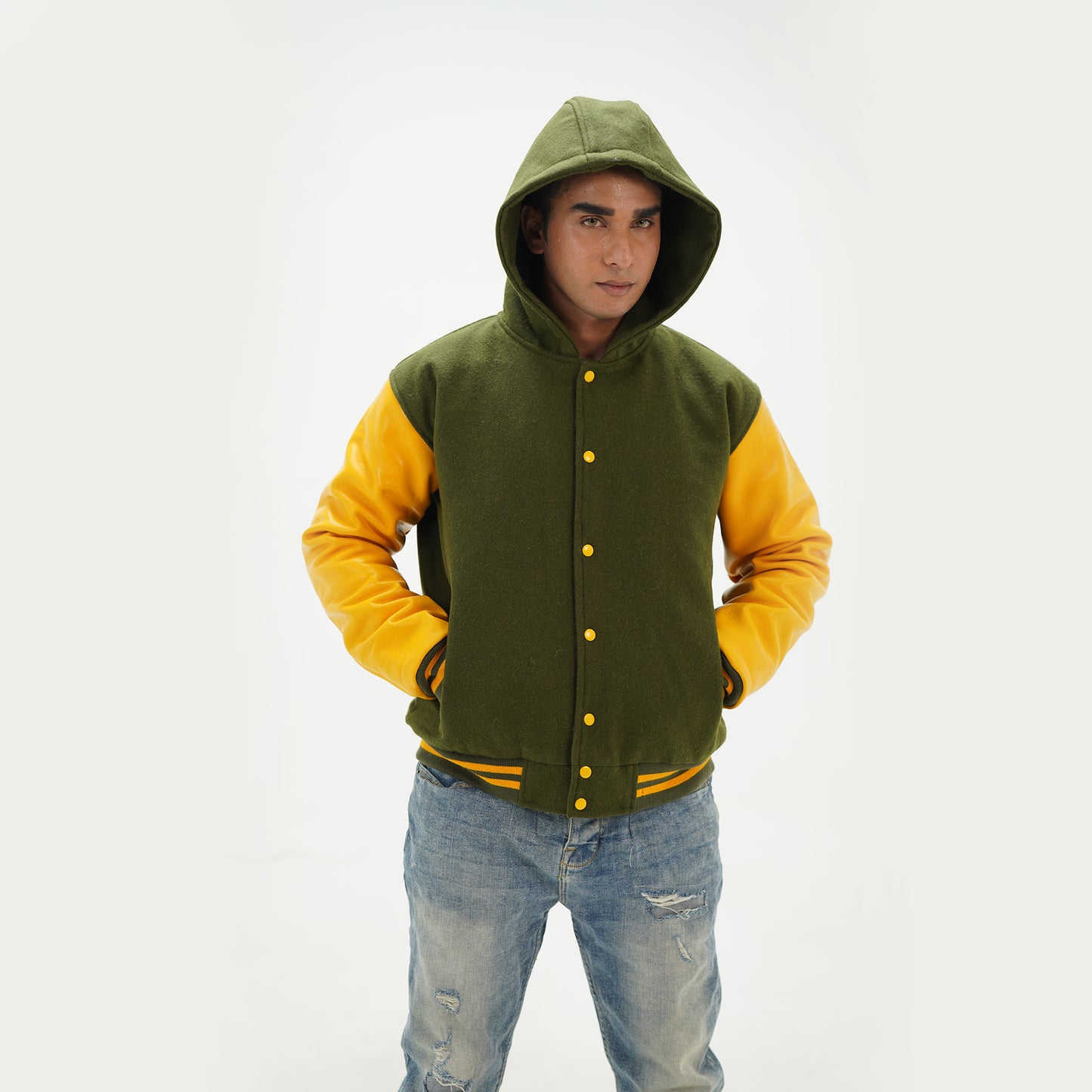 Green And Yellow Hooded Coach Jackets Leather Arms And Wool Body