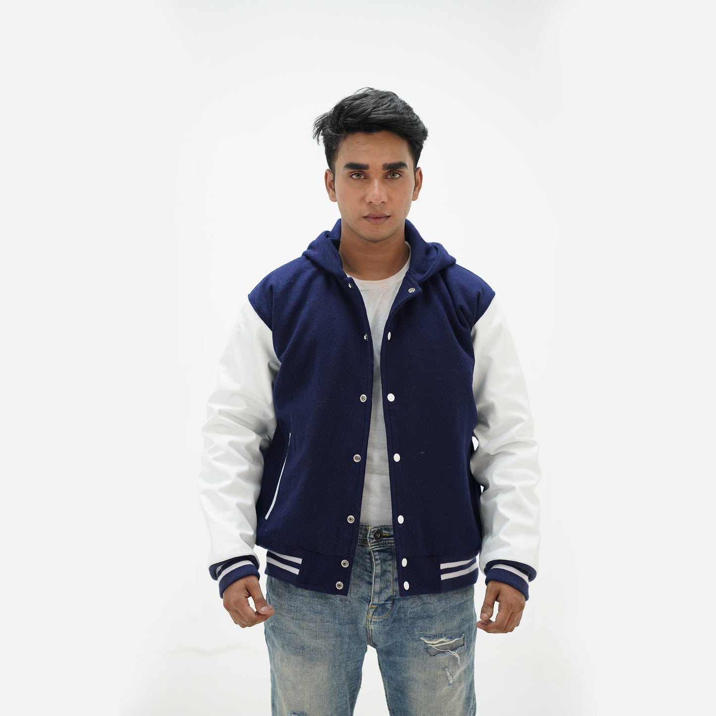 Men's Navy Blue Hooded Varsity Jacket Leather Arms And Wool Body Letterman Jacket