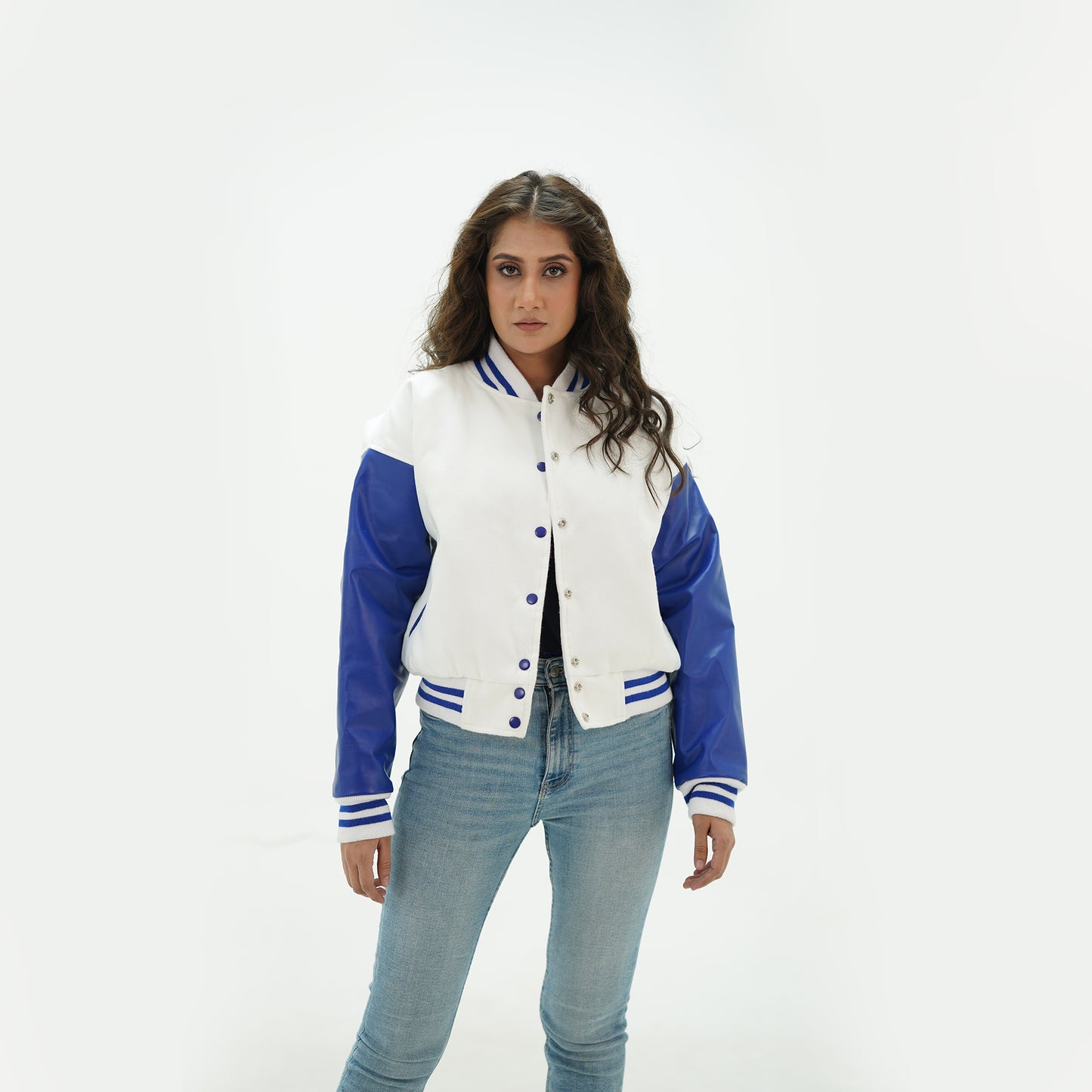 Varsity Jacket Women White And Blue Leather Arms And Wool Body