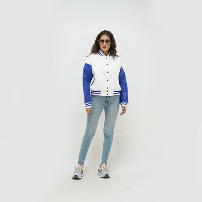 Varsity Jacket Women White And Blue Leather Arms And Wool Body