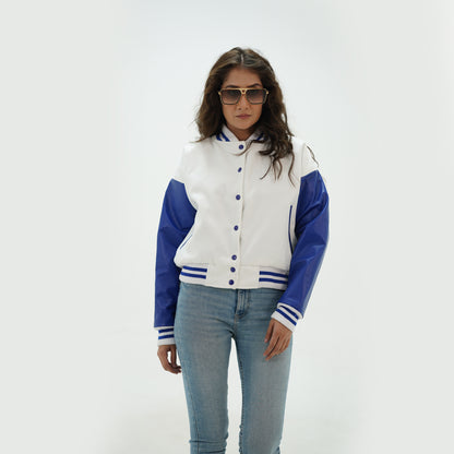 Varsity Jacket Women White And Blue Leather Arms And Wool Body