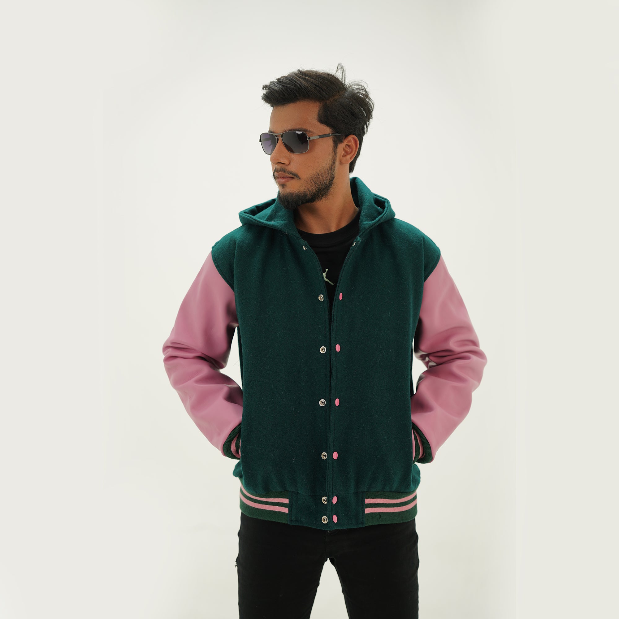 Dark Green Baseball Varsity Letterman Jacket With Hood Leather Arms An Letterman Jackets