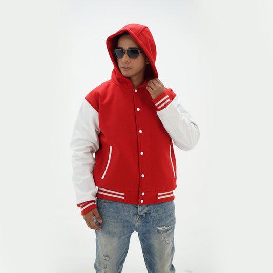 Men's Red And White Varsity Jacket With Hoodie Leather Arms And Wool Body