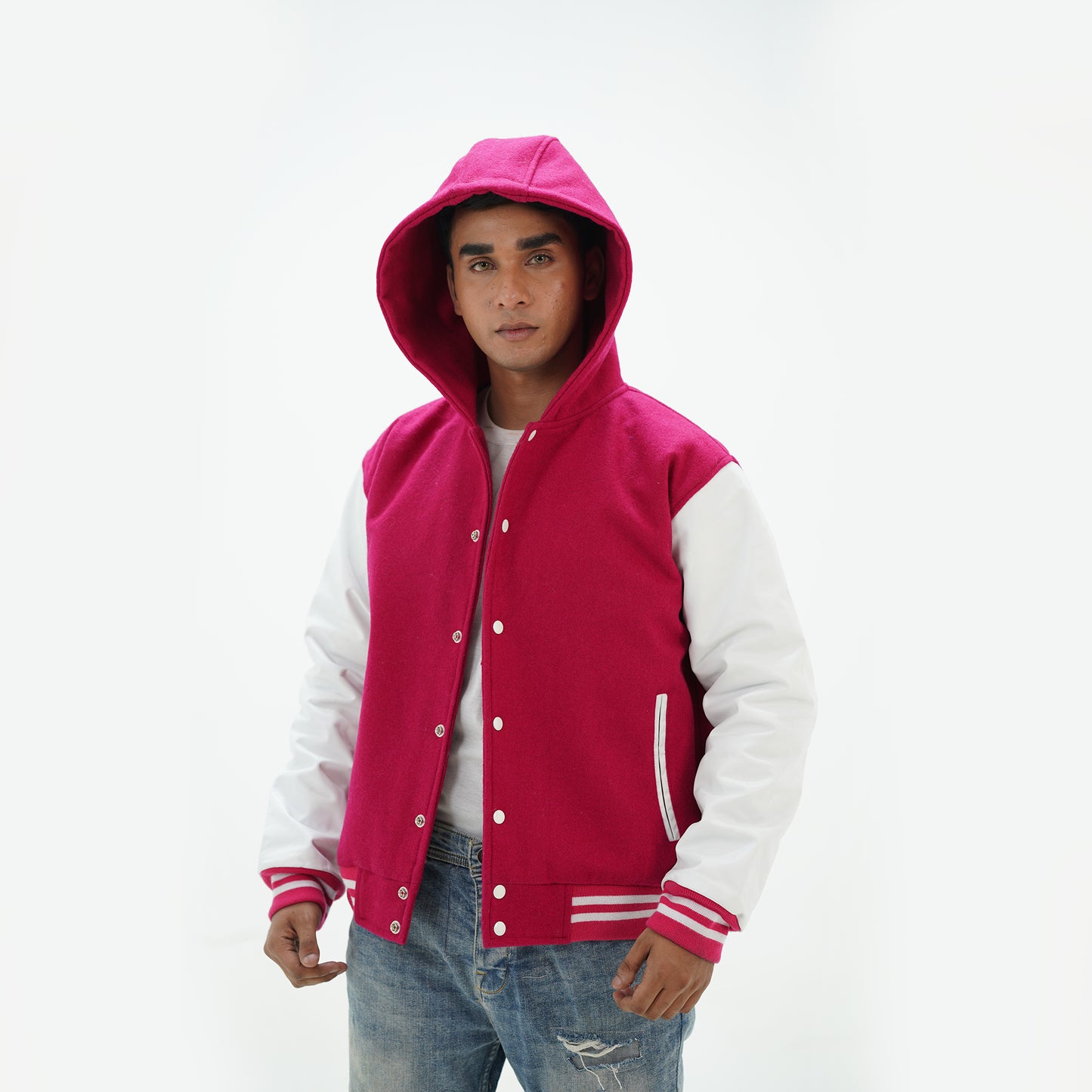 Men's Pink And White Letterman Hoodie Jacket Leather Arms And Wool Body