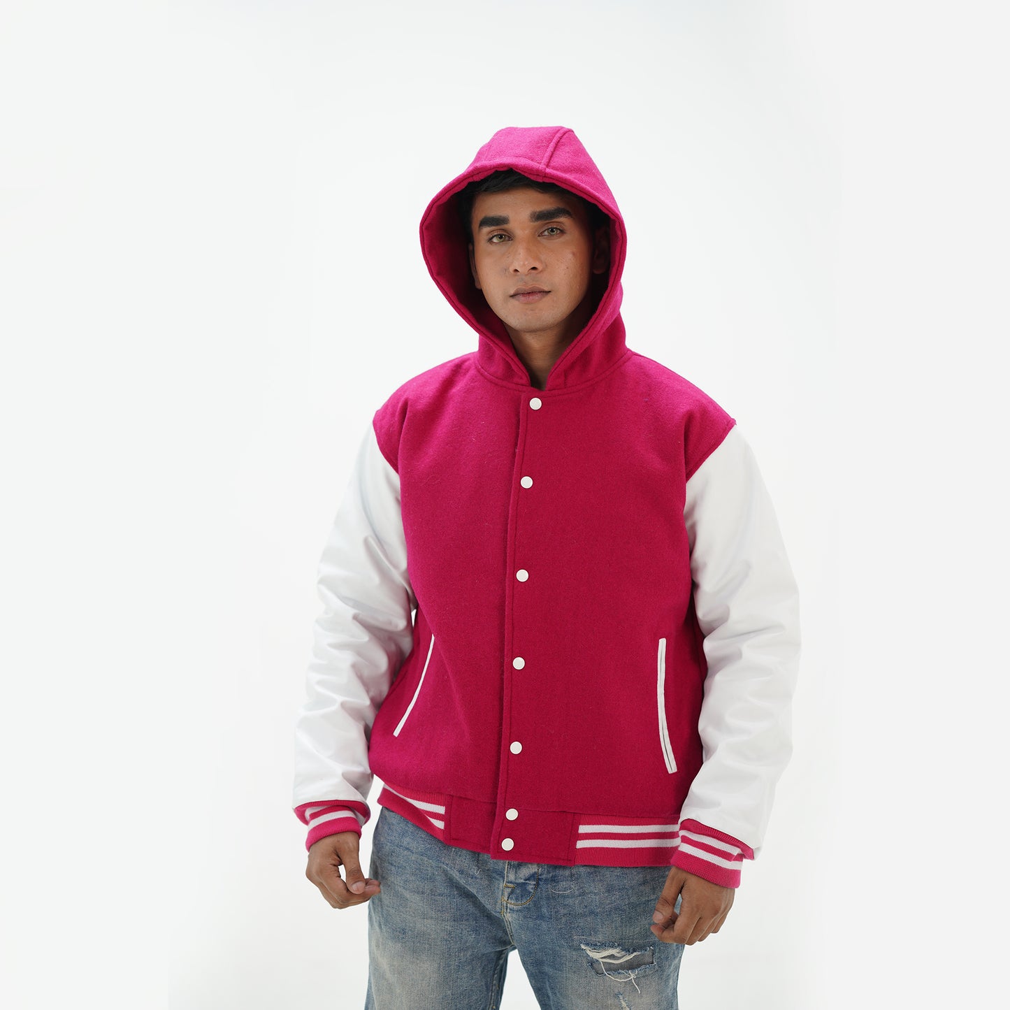 Men's Pink And White Letterman Hoodie Jacket Leather Arms And Wool Body