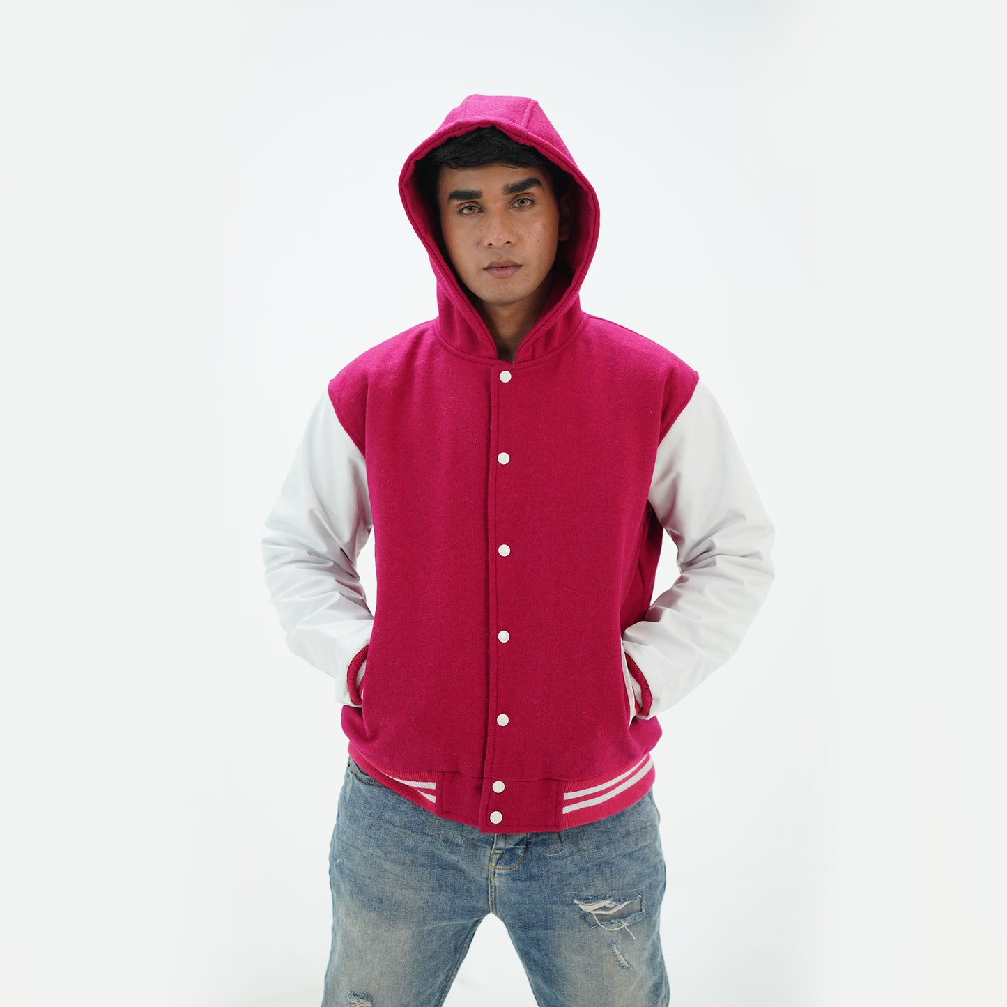 Men's Pink And White Letterman Hoodie Jacket Leather Arms And Wool Body