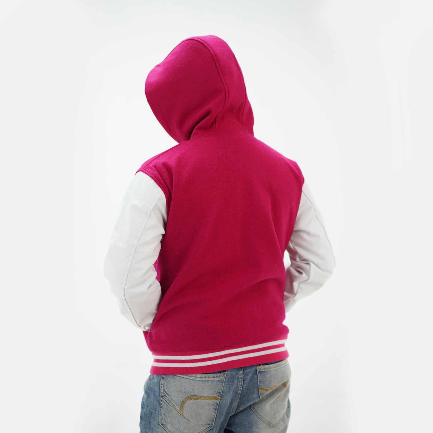 Men's Pink And White Letterman Hoodie Jacket Leather Arms And Wool Body