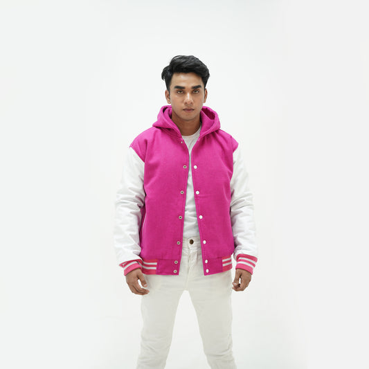 Men's pink And White Varsity Jacket With Hood Wool Body Leather Sleeves