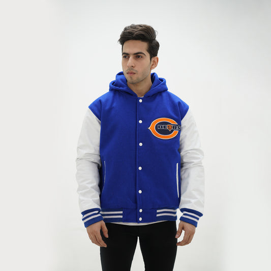 Chicago Bears Royal Blue Letterman Jacket With Hood Leather Arms And Wool Body