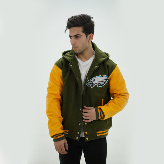 Philadelphia Eagles Varsity Jacket Leather Arms And Wool Body Green And Yellow Hooded Jacket