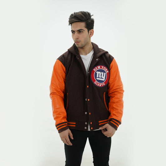 Chocolate Brown New York Giants Varsity Hoodie Jacket Wool Body And Old Gold Leather Arms