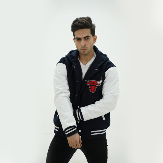 Men's Chicago Bulls Letterman Jacket With Hood Wool Body And Leather Sleeves