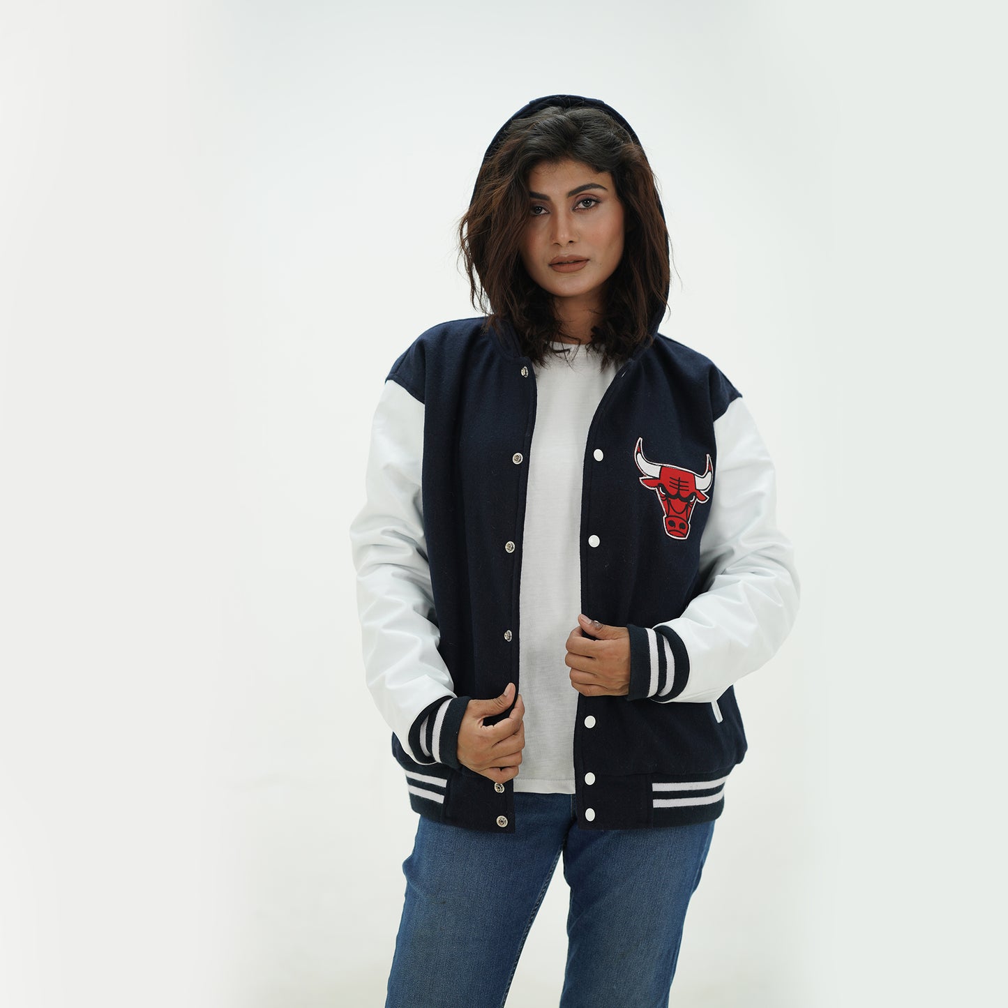 Women's Chicago Bulls Letterman Jacket With Hood Wool Body And Leather Sleeves