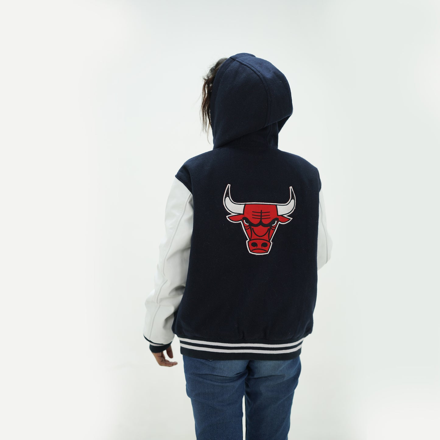 Women's Chicago Bulls Letterman Jacket With Hood Wool Body And Leather Sleeves