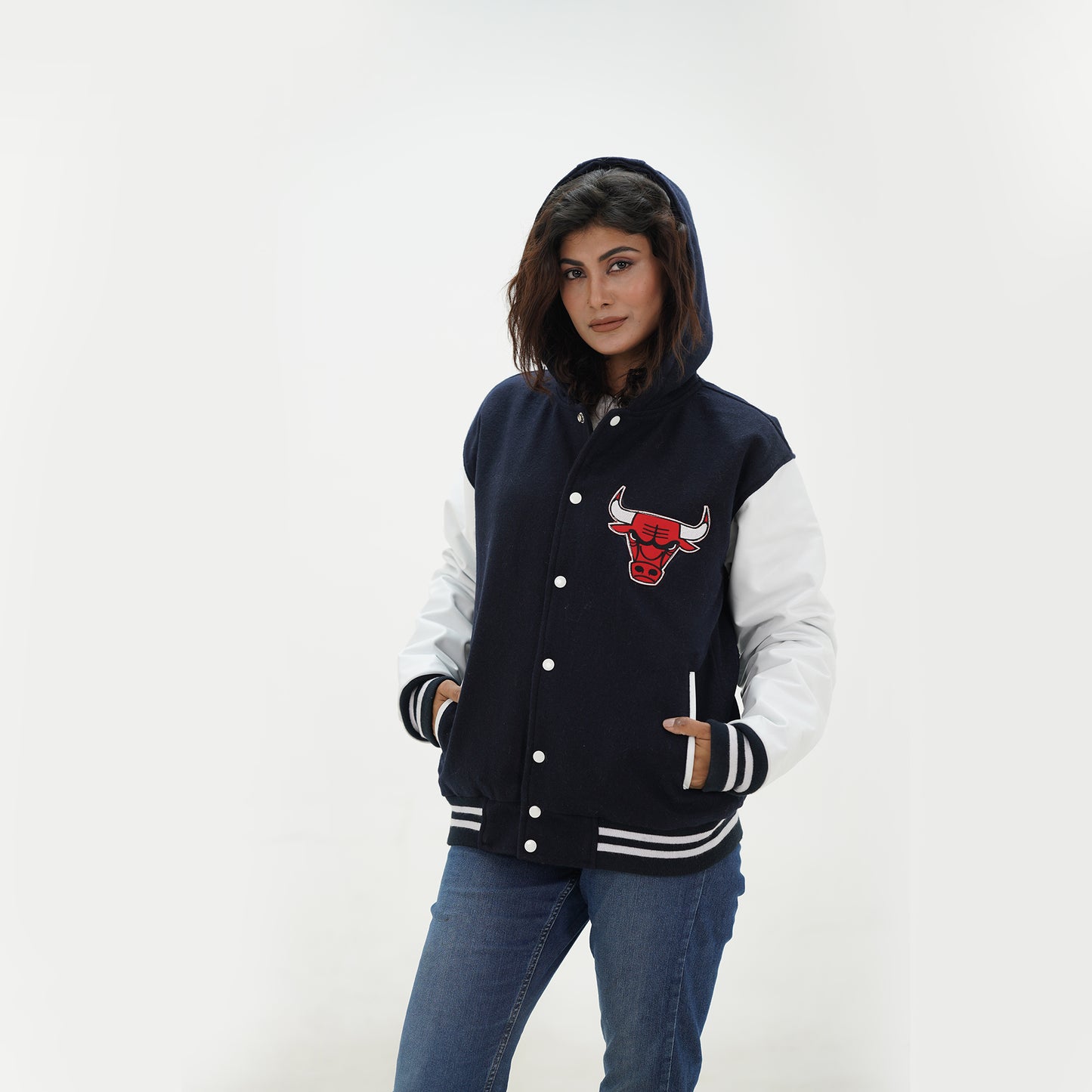 Women's Chicago Bulls Letterman Jacket With Hood Wool Body And Leather Sleeves