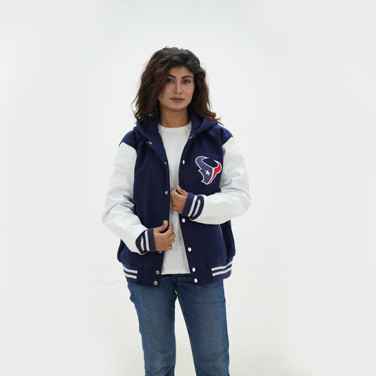 Women's Houston Texans Varsity Jacket Leather Arms And Wool Body Varsity Hoodie