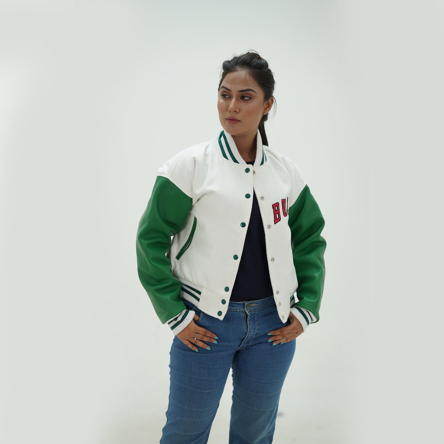 Women Chicago Bulls Letterman Jacket White Wool Body And Green Leather Arms