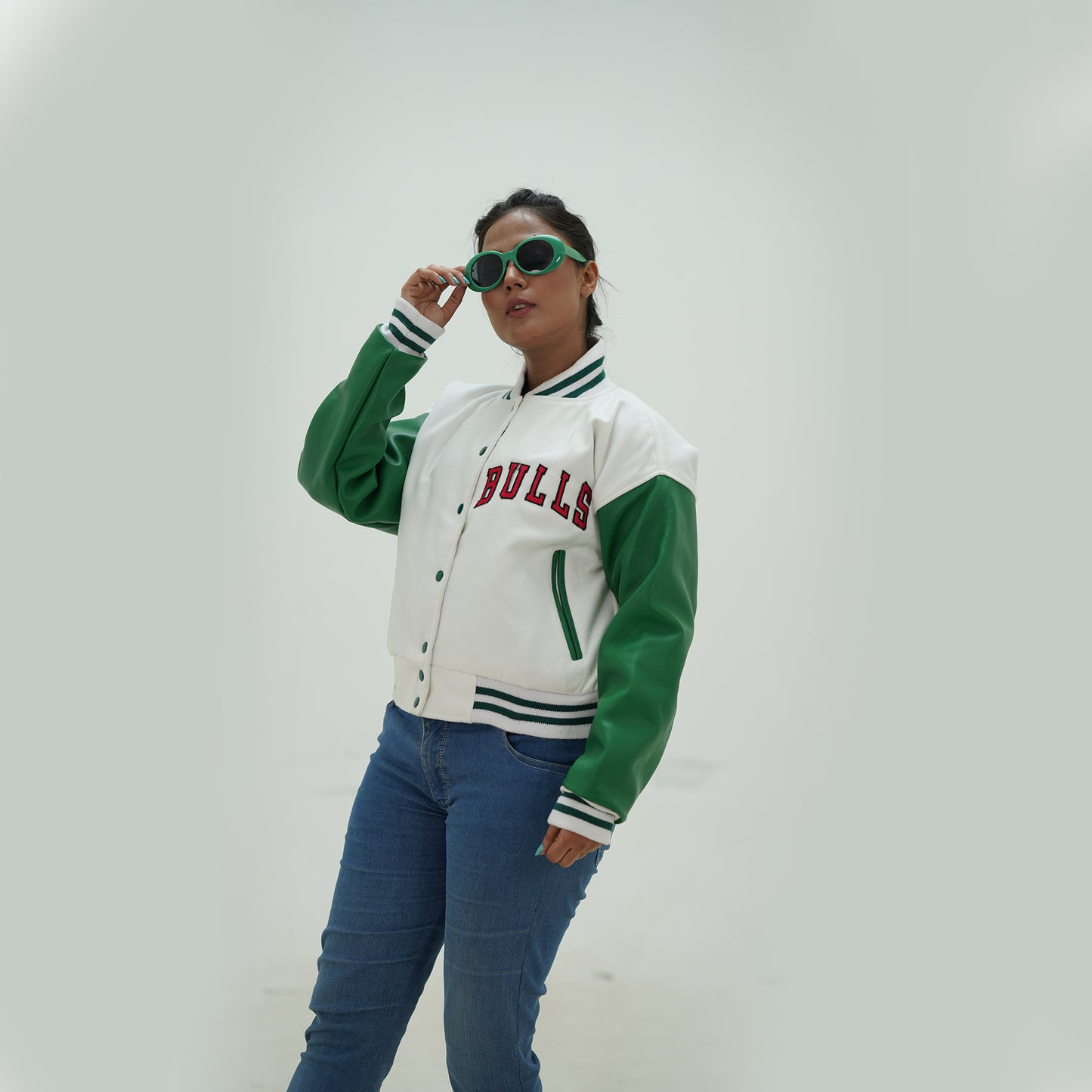 Women Chicago Bulls Letterman Jacket White Wool Body And Green Leather Arms