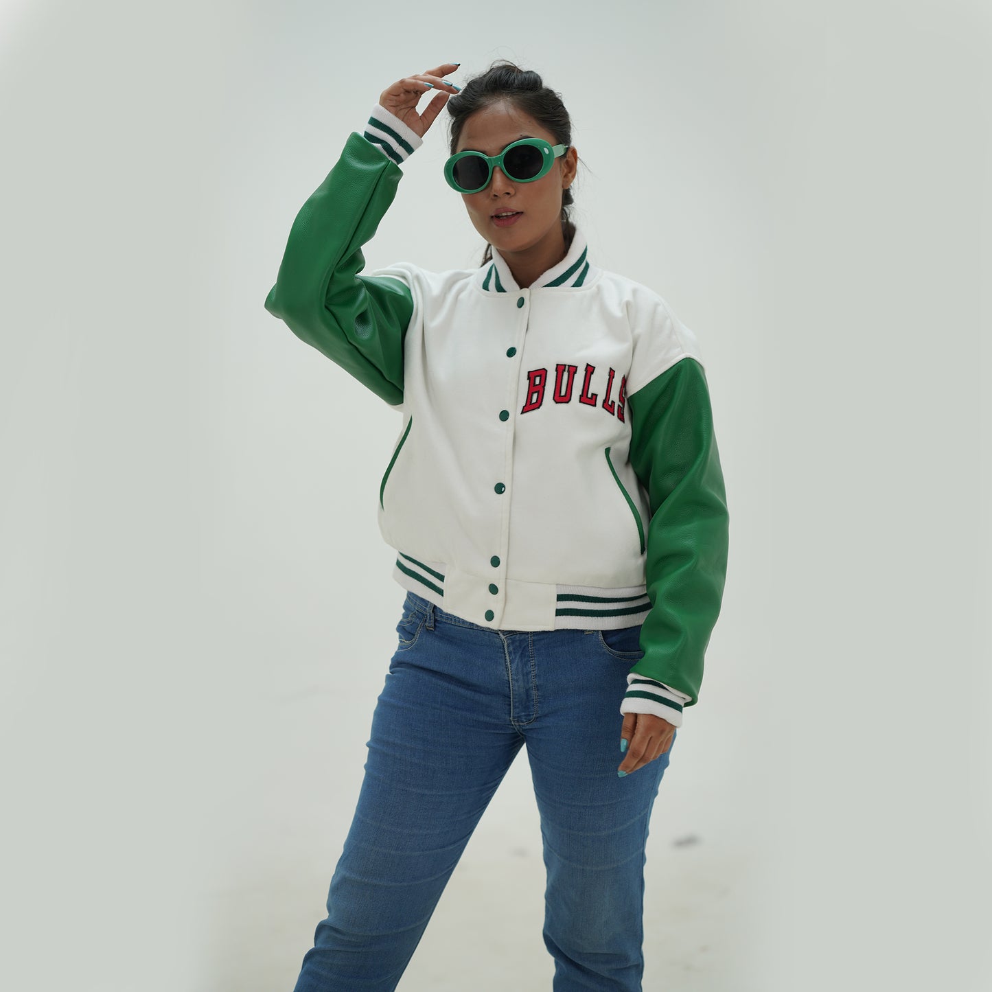 Women Chicago Bulls Letterman Jacket White Wool Body And Green Leather Arms