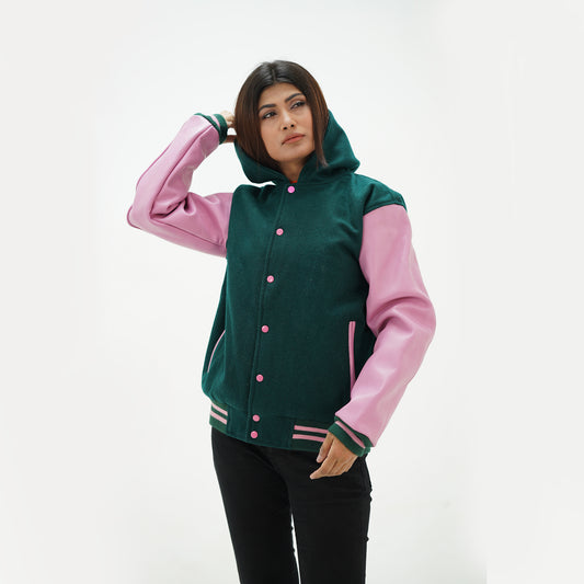 Women's Dark Green Baseball Hooded Jacket Leather Arms And Wool Body