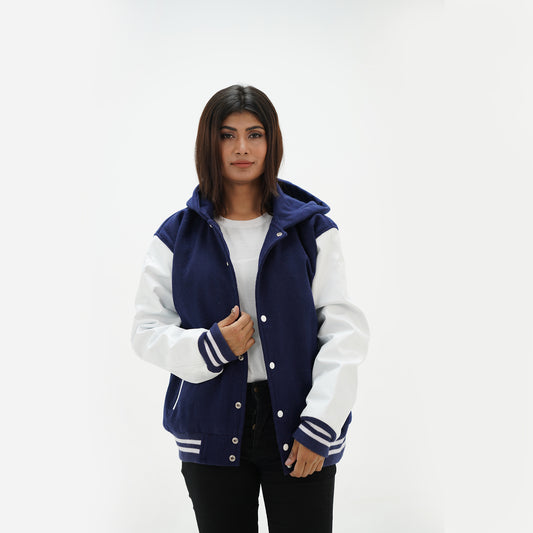 Women's Navy Blue Letterman Hooded Jacket Leather Arms And Wool Body