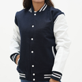 Women's Dark Blue And White Letterman Jacket Wool Body And Leather Sleeves