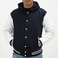 Dark Blue And White Varsity Jacket With Hood Wool Body And Leather Sleeves