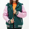 Women's Dark Green Baseball Hooded Jacket Leather Arms And Wool Body
