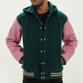 Dark Green Baseball Varsity Letterman Jacket With Hood Leather Arms And Wool Body