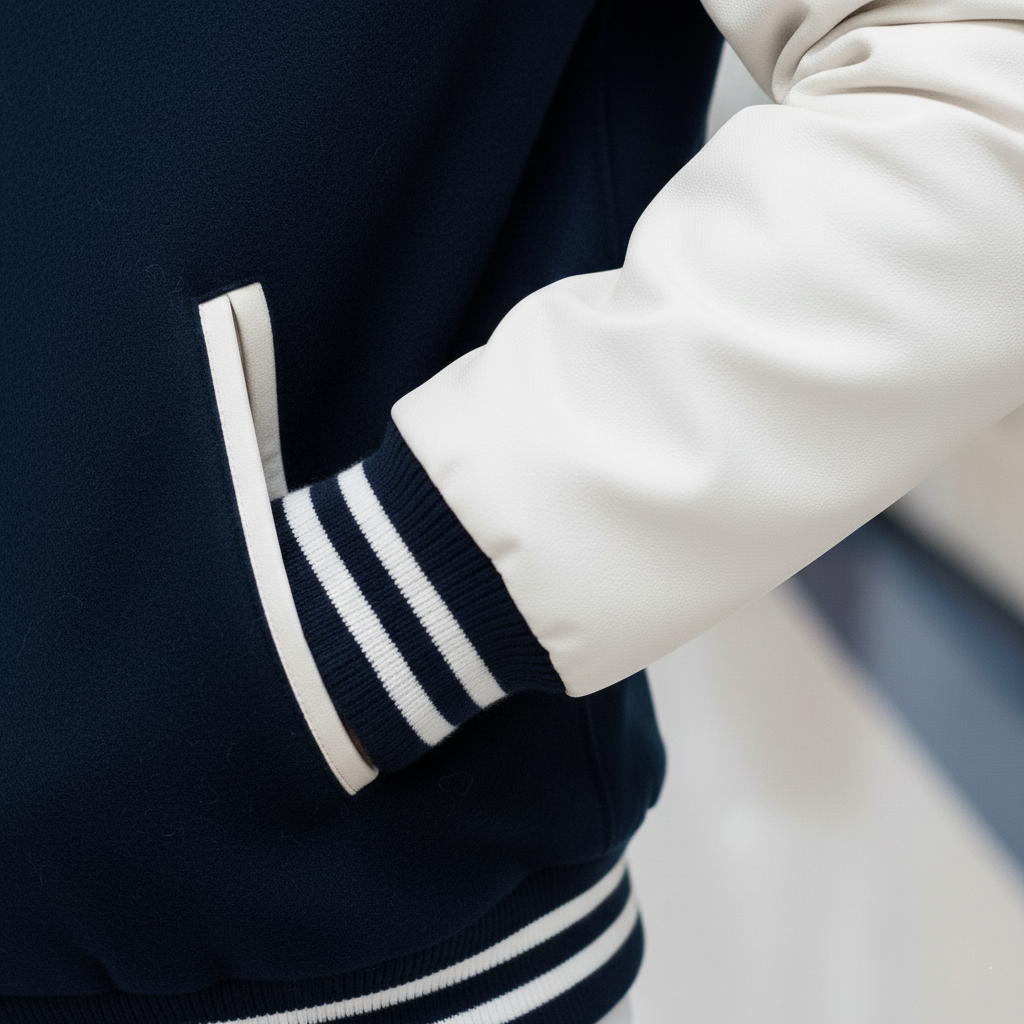 Close-up of a navy and white varsity jacket sleeve with a blurred background