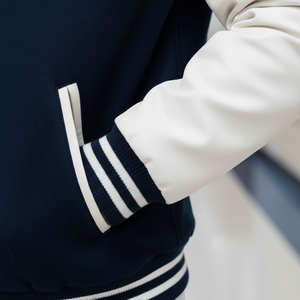 Close-up of a navy and white varsity jacket sleeve with a blurred background