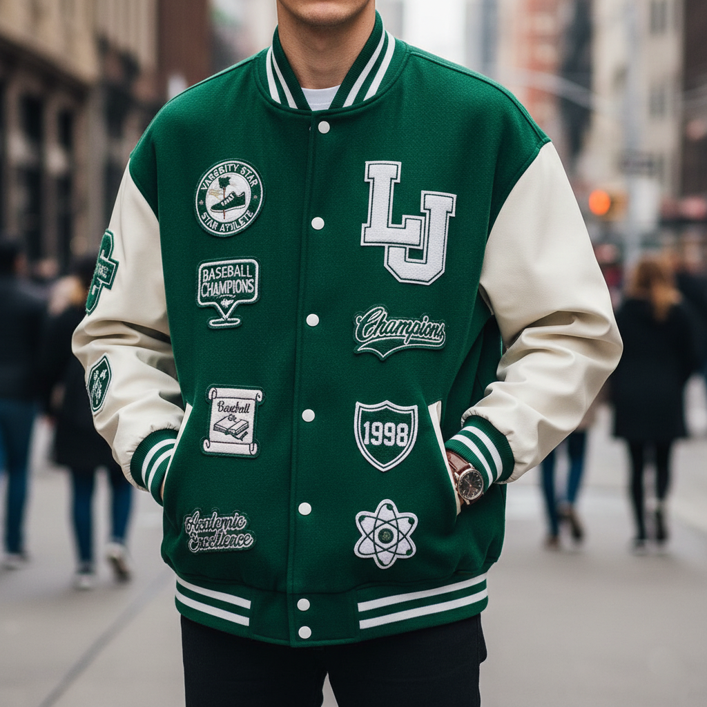 Green and white varsity jacket with various emblems on a blurred city street background