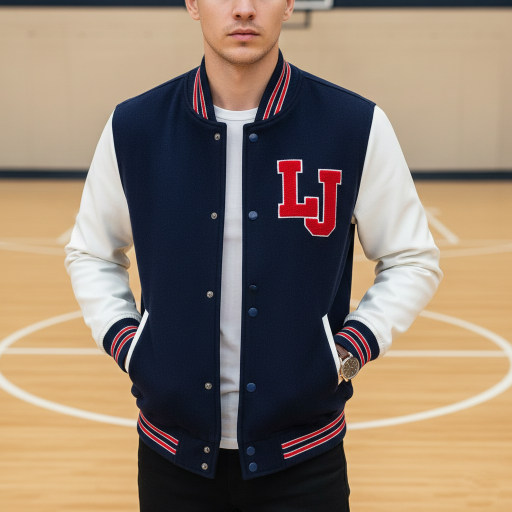 Person wearing a navy and white letterman jacket with a red 'LJ' logo on a basketball court.