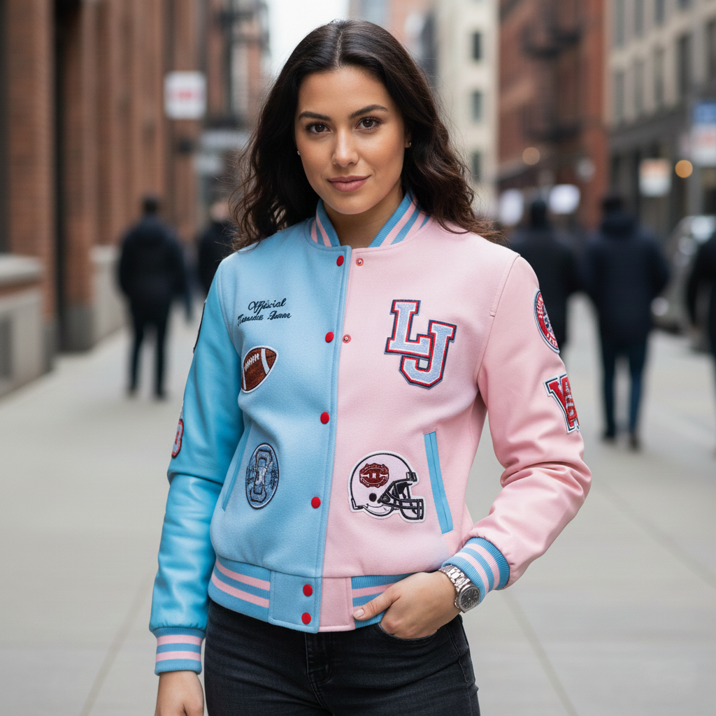 Woman wearing a pink and blue varsity jacket with patches on a city street.