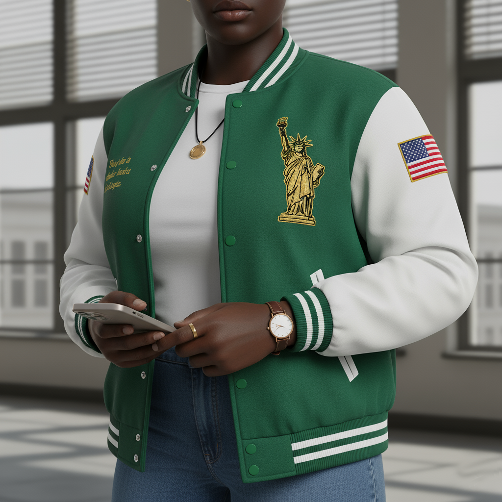 Person wearing a green and white varsity jacket with a statue of liberty emblem and American flag patch.