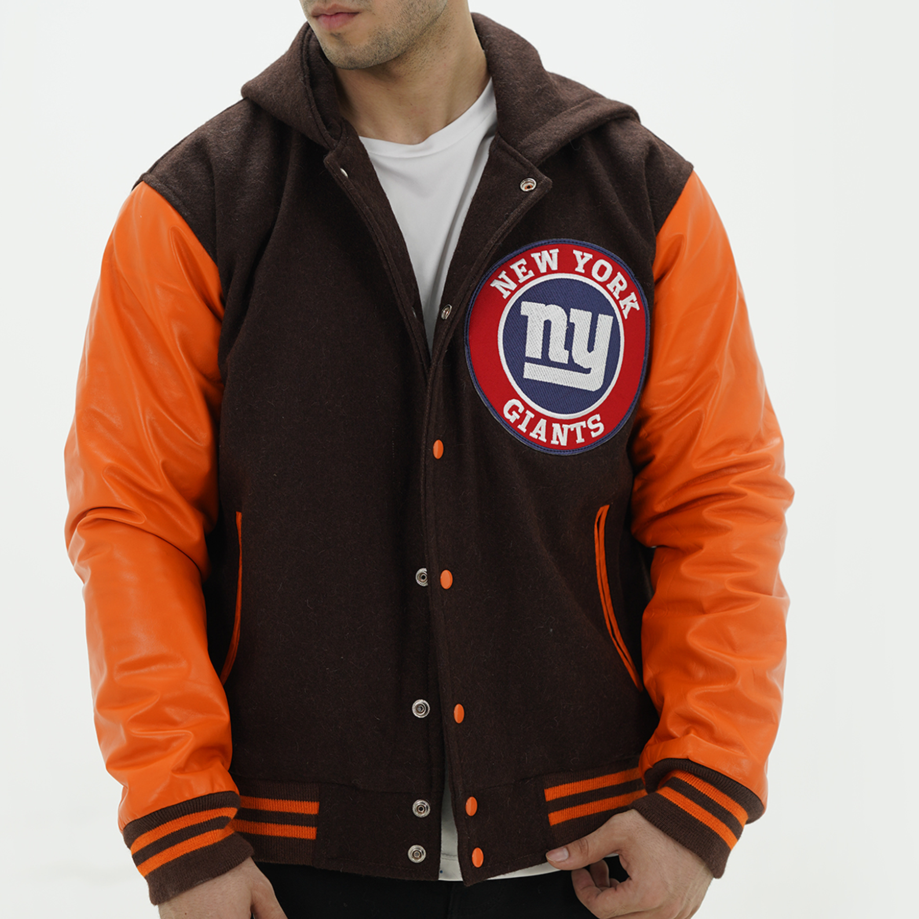 Chocolate Brown New York Giants Varsity Hoodie Jacket Wool Body And Old Gold Leather Arms