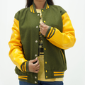Girls Green And Yellow Letterman Jacket Leather Arms And Wool Body