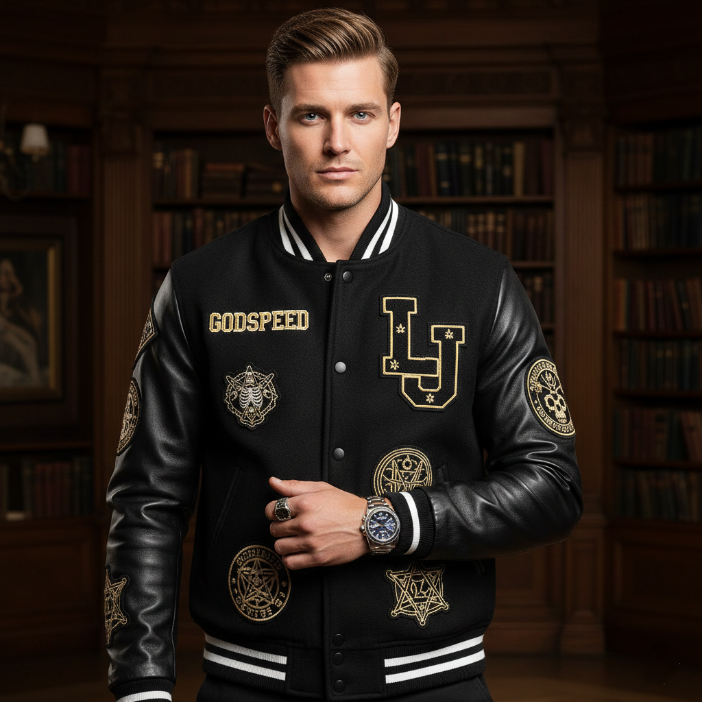 Man wearing a black varsity jacket with gold embroidery in a library setting