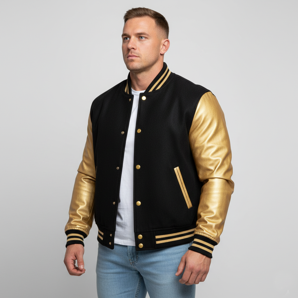 Man wearing a black and gold varsity jacket on a gray background