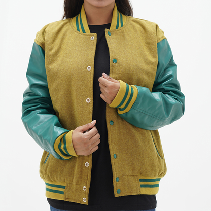 Women's Camel Wool Body And Green Leather Sleeves Varsity Jacket