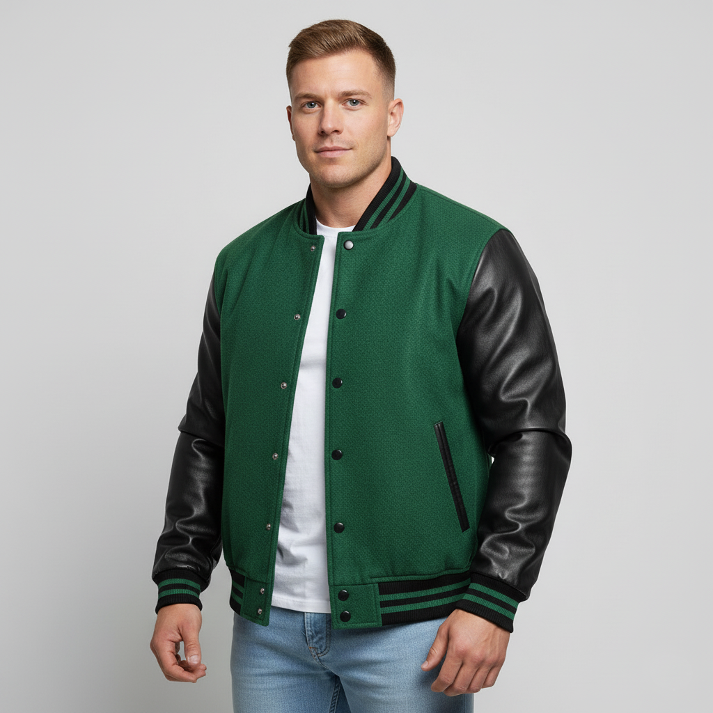 Man wearing a green varsity jacket with black leather sleeves on a gray background
