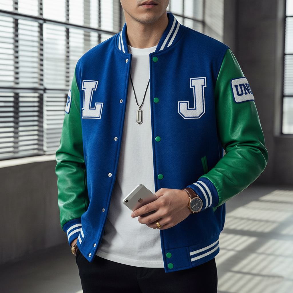 Person wearing a blue and green varsity jacket with letter 'L' and 'J' on a blurred background