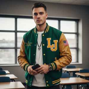 Man wearing a green and gold letterman jacket with 'LJ' initials in a classroom setting