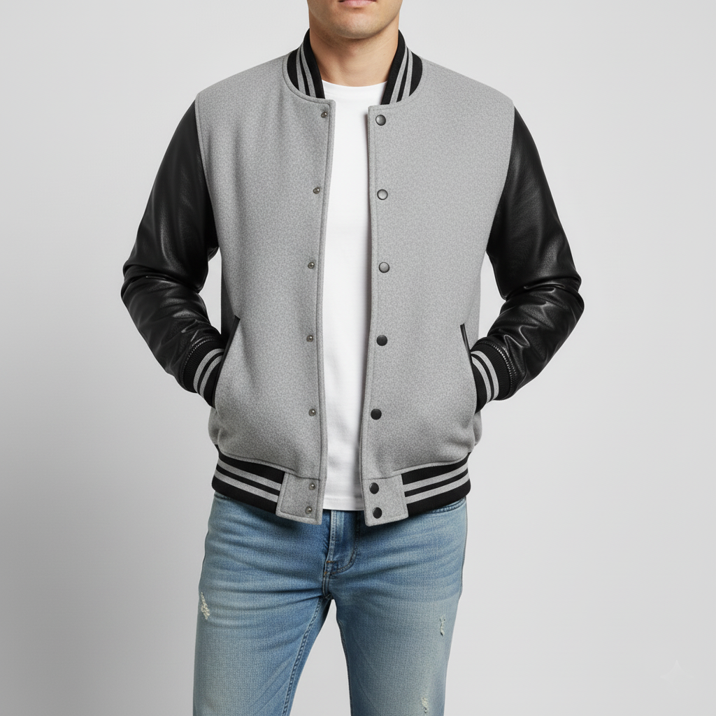 Gray varsity jacket with black sleeves worn by a person on a light gray background