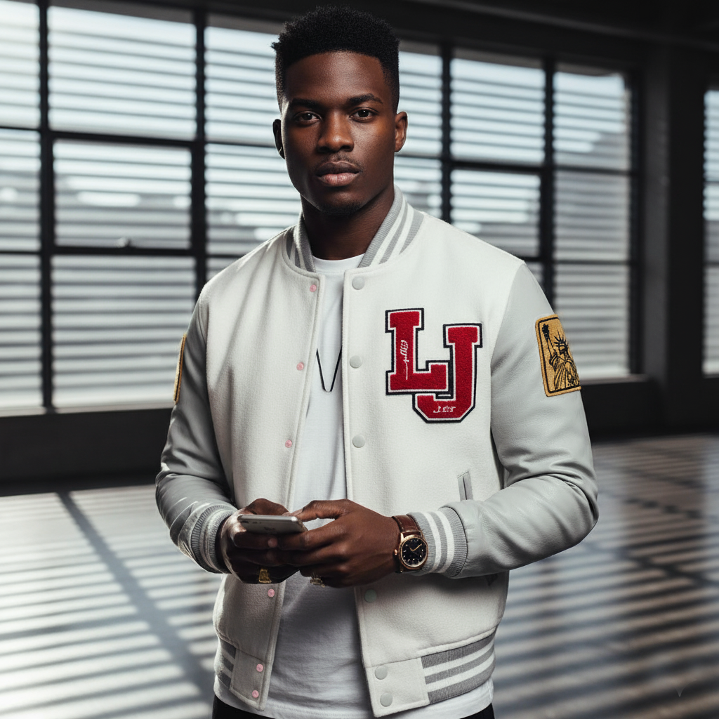 Man wearing a gray letterman jacket with 'LJ' logo, holding a phone indoors.