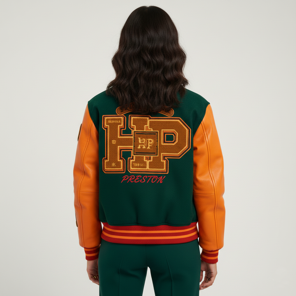 Person wearing a green and orange varsity jacket with 'HP Preston' on the back against a white background