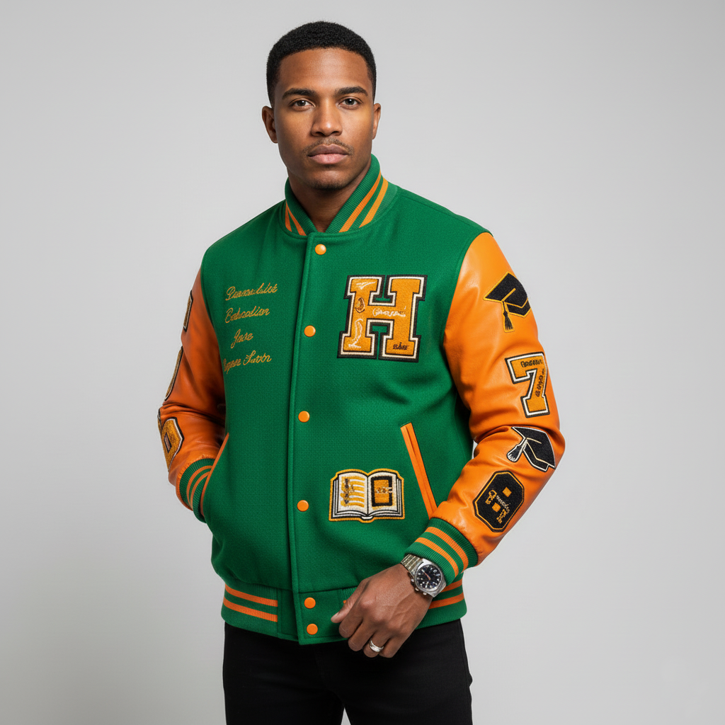 Man wearing a green and orange varsity jacket with letterman design on a gray background