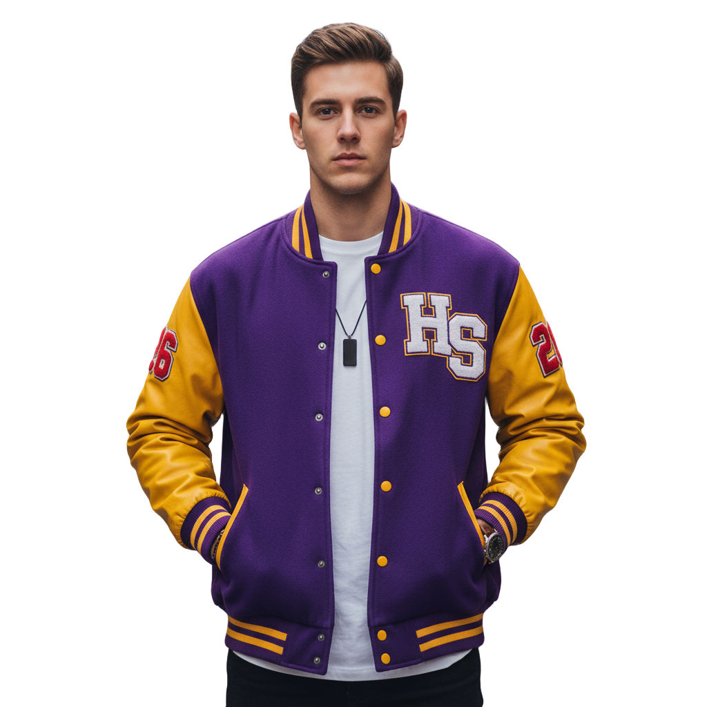 a person wearing Highschool Leather Jacket in purple and gold color, patches on front and sleeves